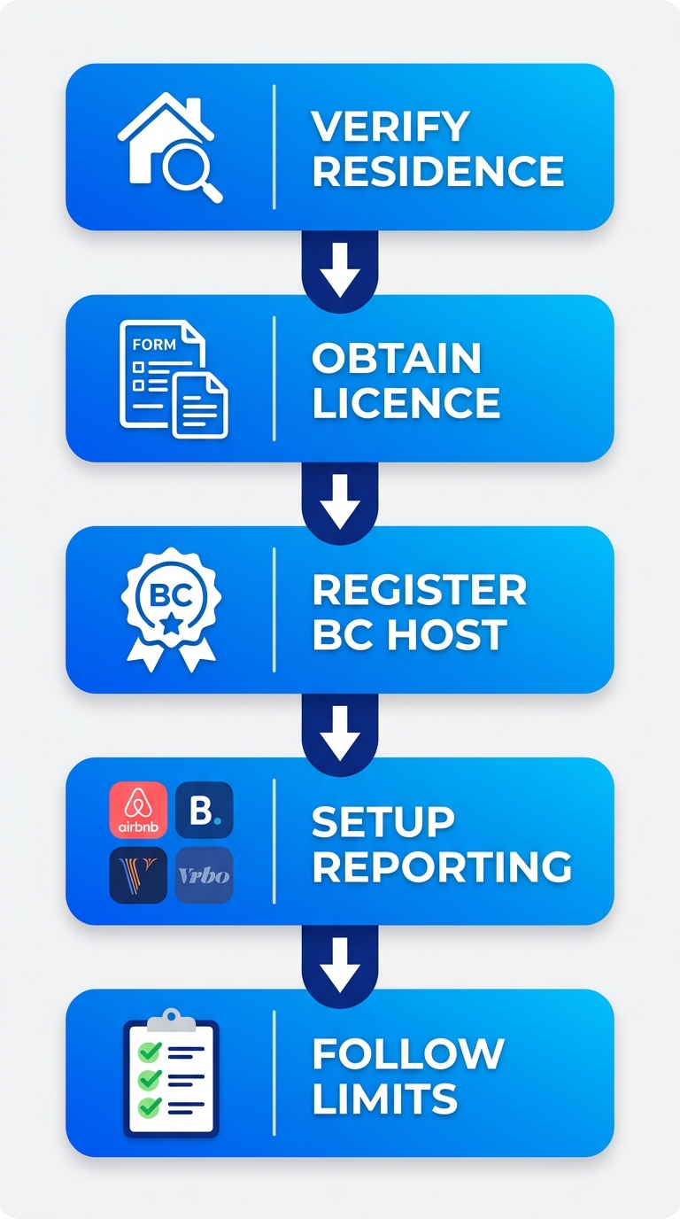 Vertical process flow diagram illustrating five steps for Vancouver short-term rental compliance: verify principal residence, obtain business licence, register as BC host, set up platform reporting, and follow guest limits and zoning.