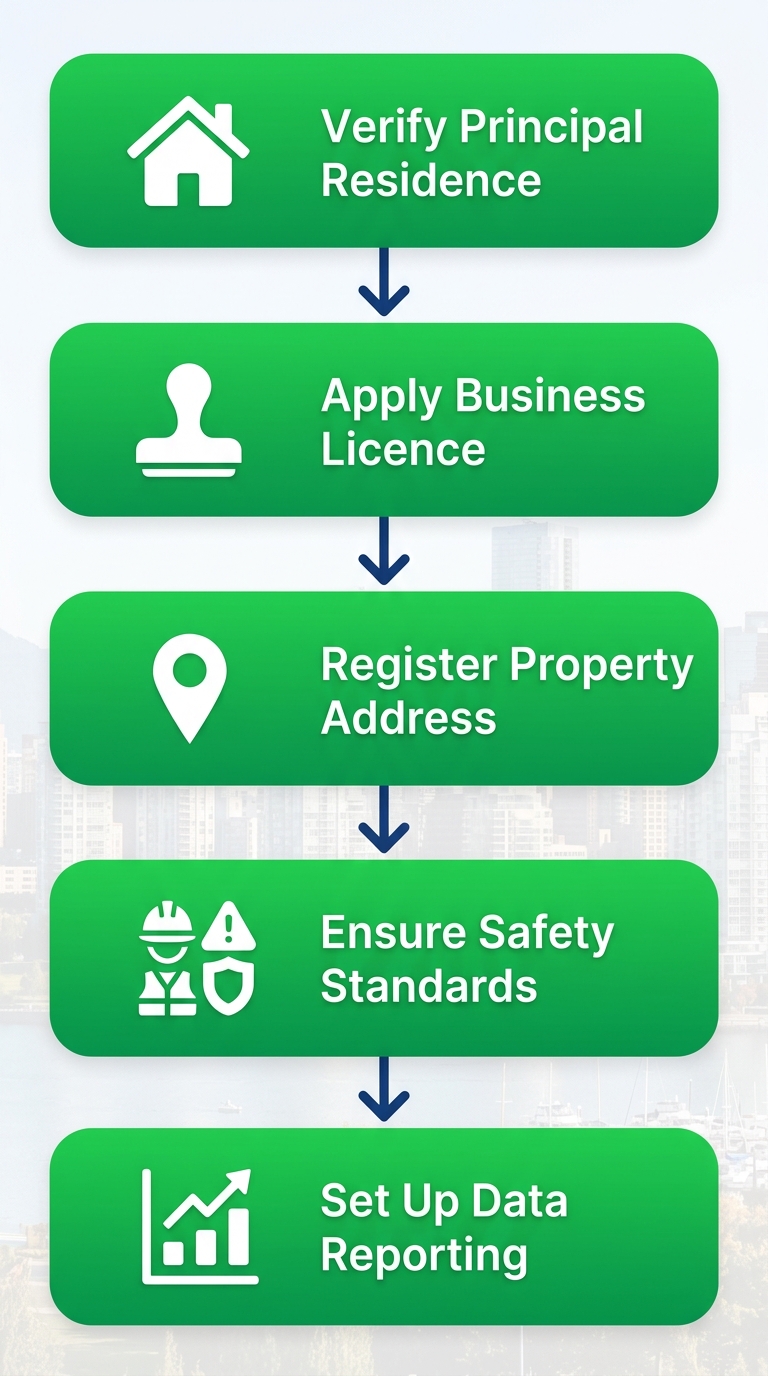 Vertical process flow chart showing five key steps for Vancouver short-term rental compliance with icons and arrows