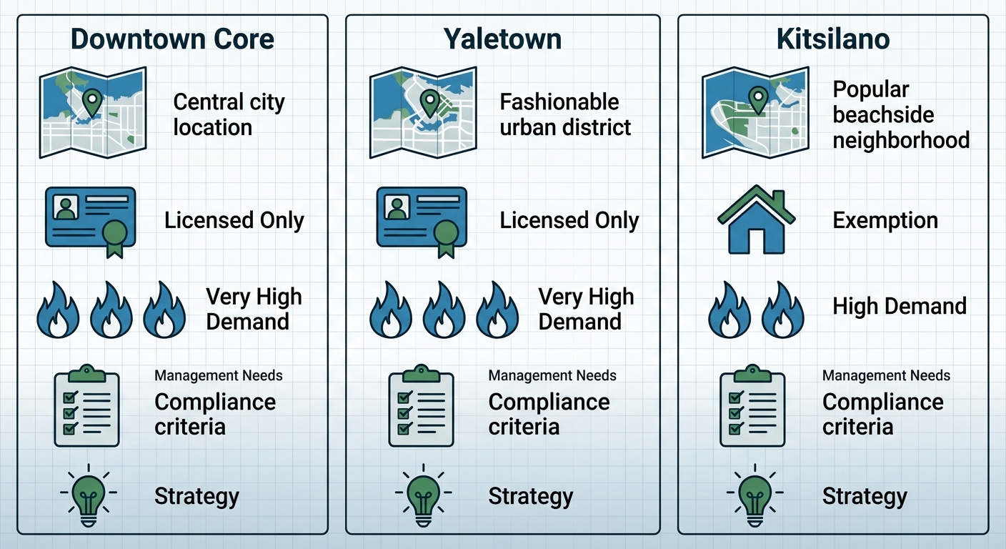 Infographic comparing Vancouver short-term rental neighborhoods: Downtown Core, Yaletown, Kitsilano with legality status, demand levels, and management needs icons.