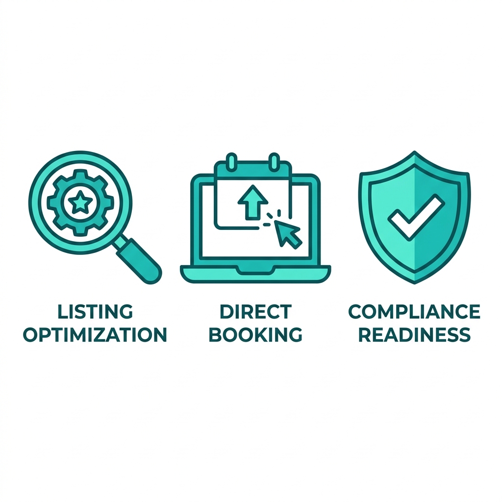 Grid of three icons: listing optimization magnifying glass, direct booking computer arrow, compliance shield checkmark for Vancouver short-term rentals.
