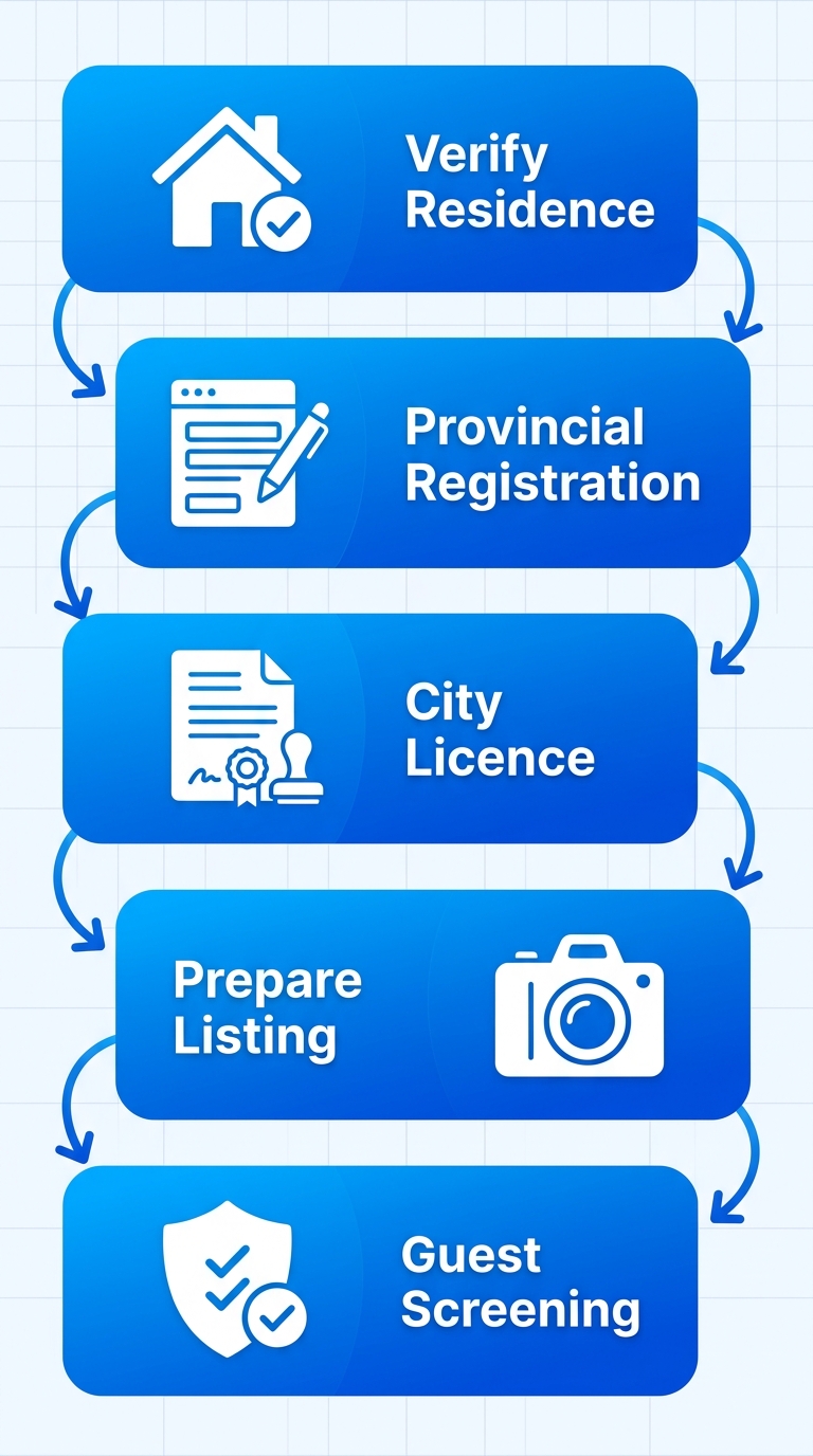 Vertical process flow diagram of five steps to launch a compliant Vancouver short-term rental