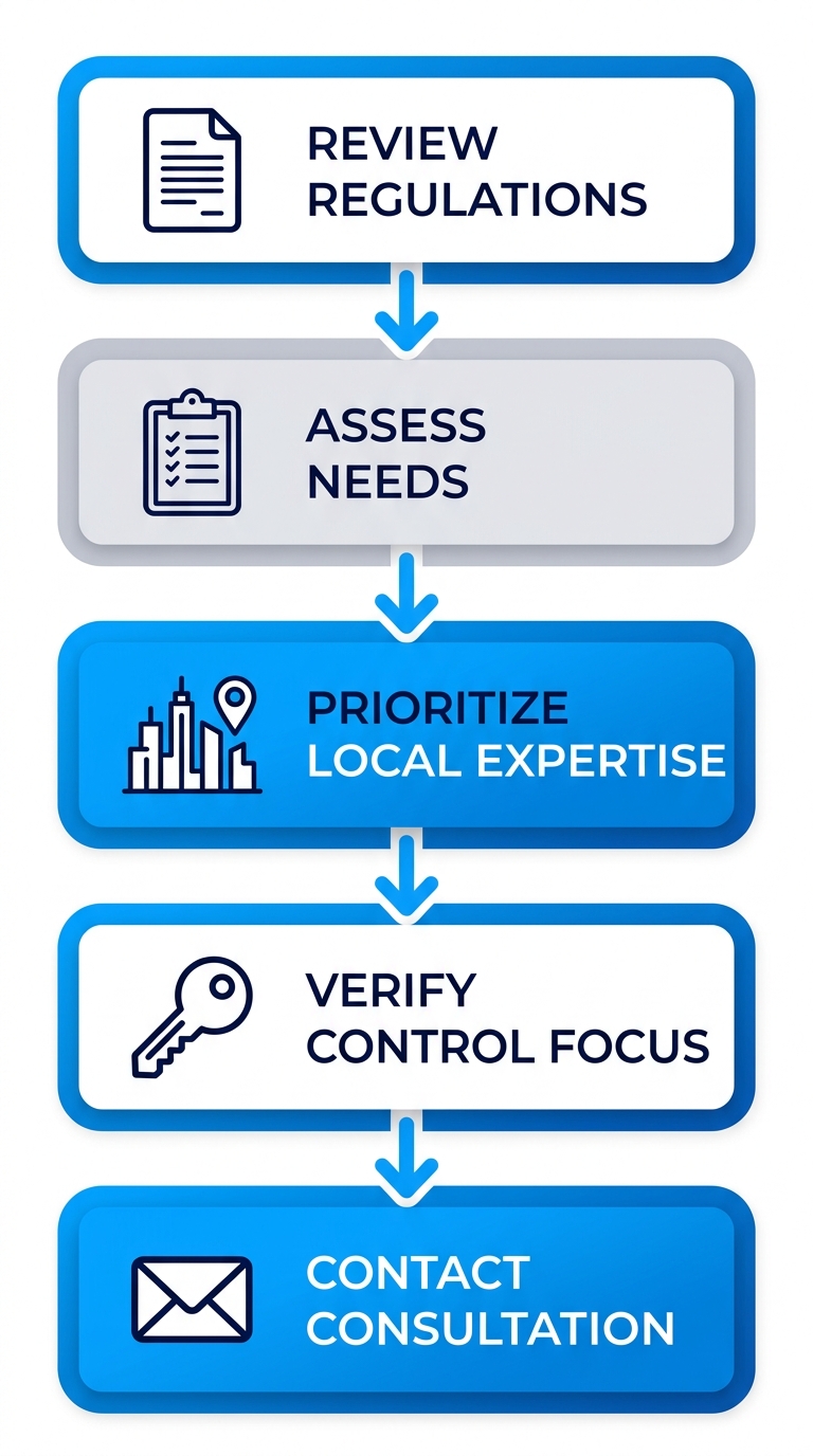 Vertical process flow diagram with five steps to select Vancouver short-term rental support: review regulations, assess needs, prioritize local expertise, verify control focus, contact consultation.