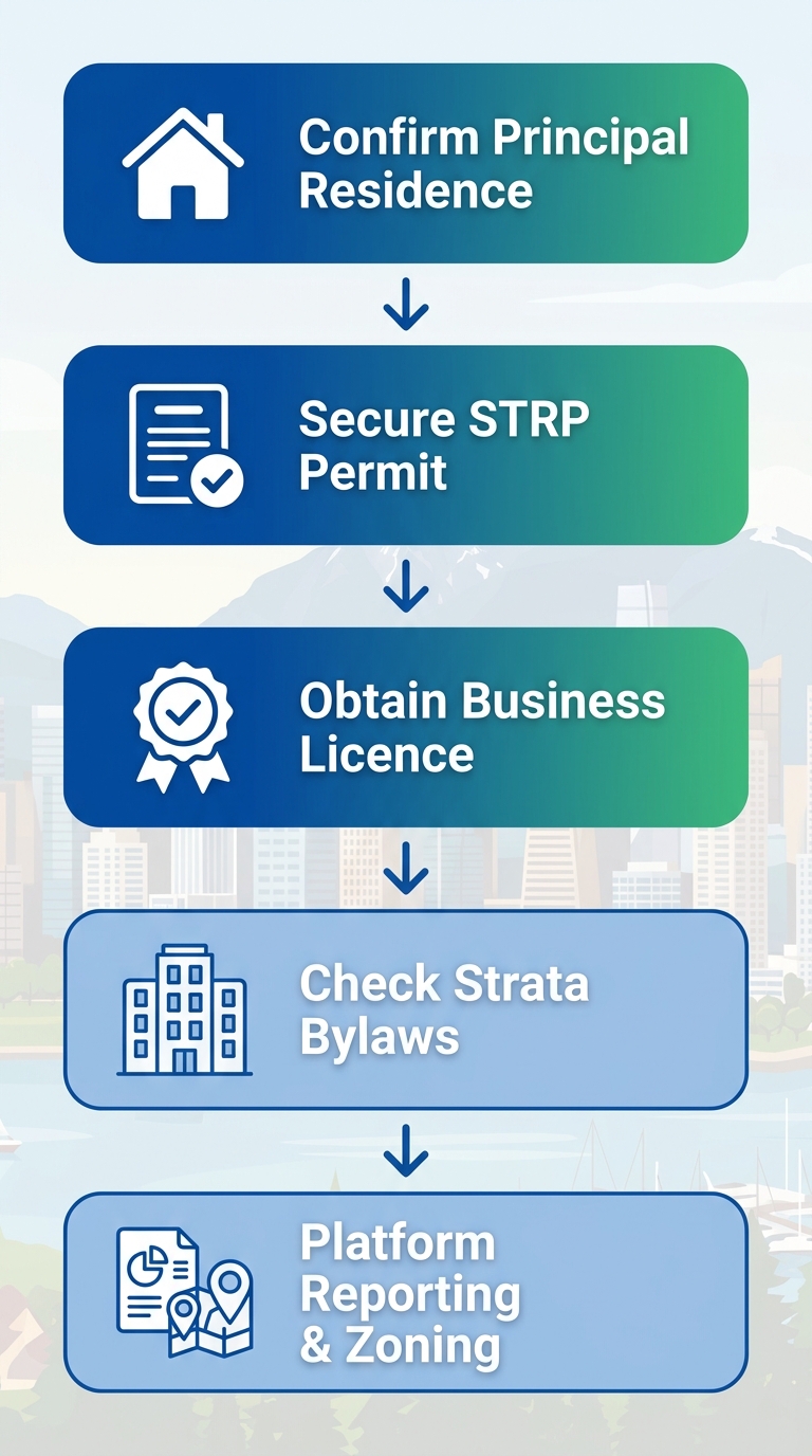 Vertical process flow diagram illustrating five key steps for Vancouver short-term rental compliance, featuring icons and minimal labels.