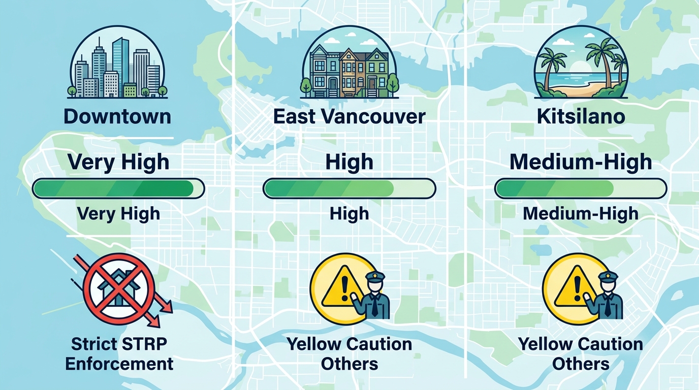 Infographic comparing short-term rental demand and compliance across Vancouver's Downtown, East Vancouver, and Kitsilano neighbourhoods