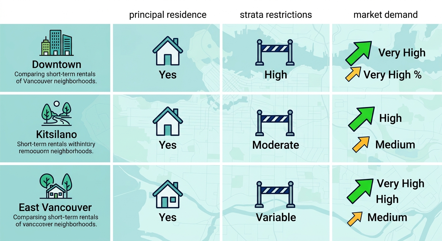 Infographic showing Vancouver short-term rental regulations and market demand comparison across Downtown, Kitsilano, and East Vancouver neighborhoods