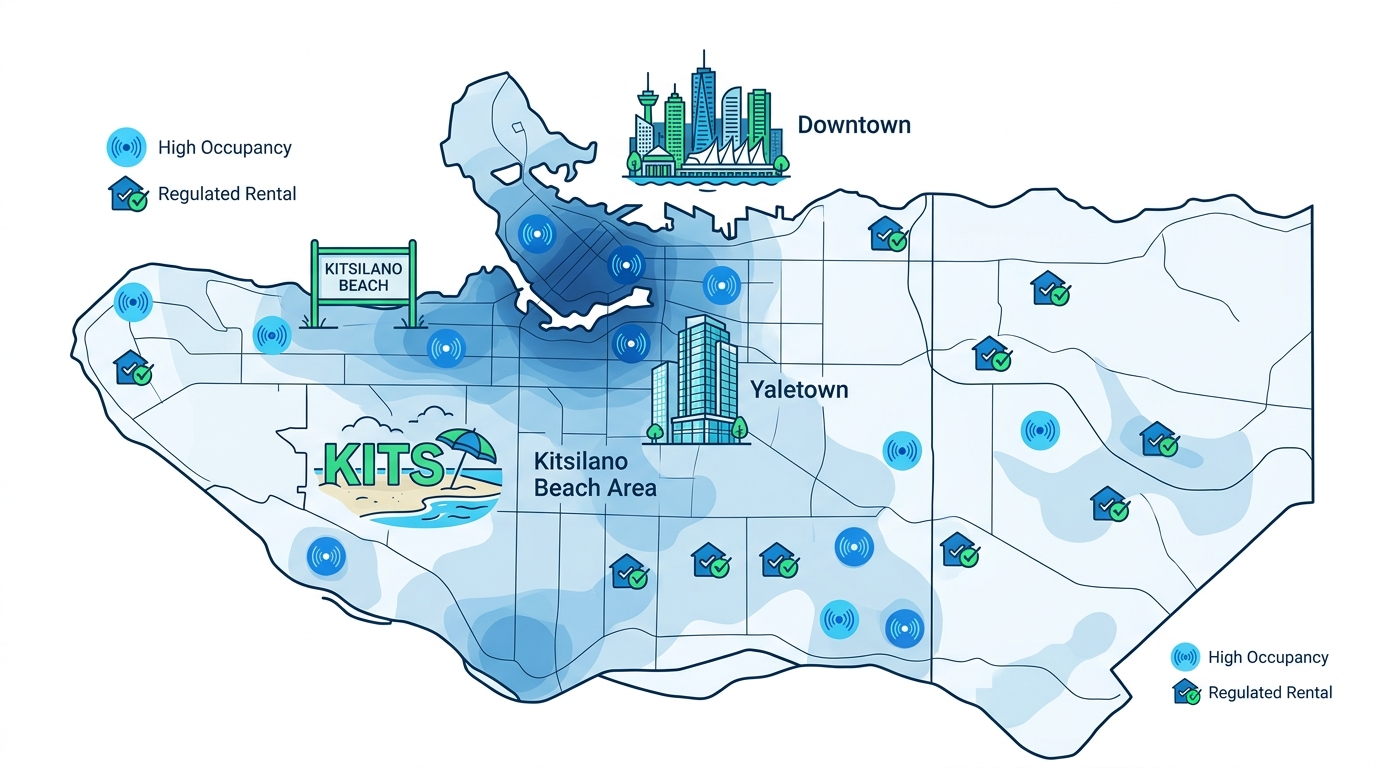 Infographic depicting Vancouver short-term rental landscape with Downtown, Yaletown, Kitsilano neighborhoods, demand heat map, and compliance icons