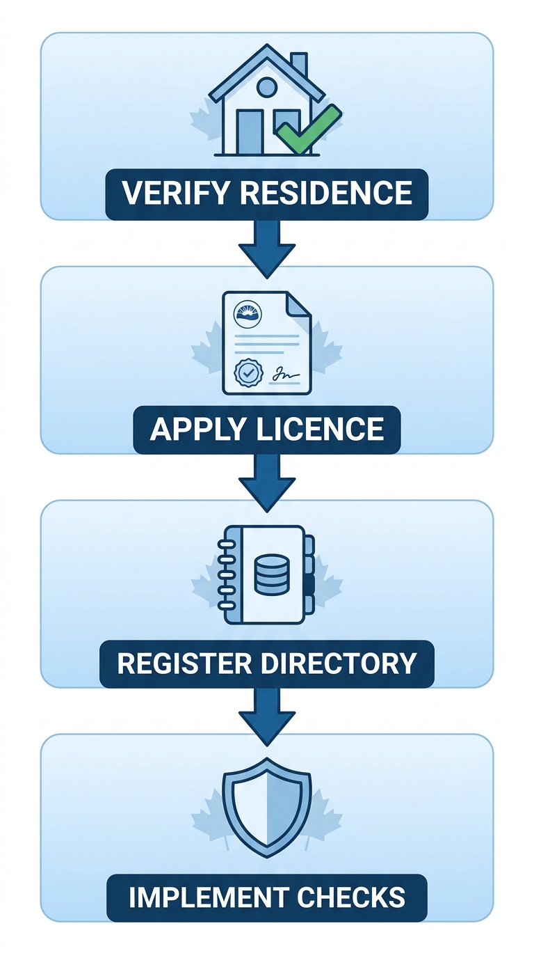 Vertical process flow diagram illustrating four key steps to launch a compliant short-term rental in Vancouver: verify principal residence, apply for business licence, register with provincial directory, and implement compliance checks.