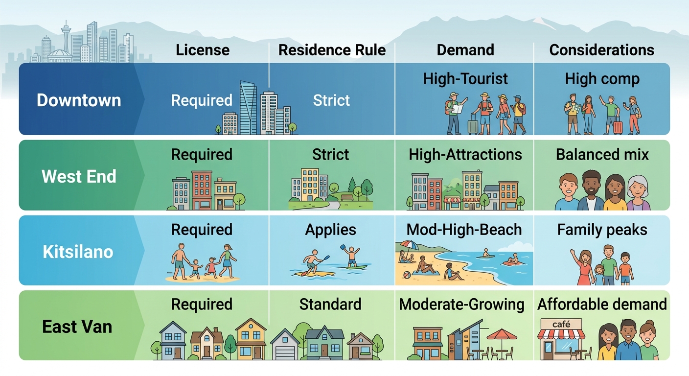 Infographic table comparing Vancouver short-term rental neighborhoods: license requirements, residence rules, market demand, and key considerations.