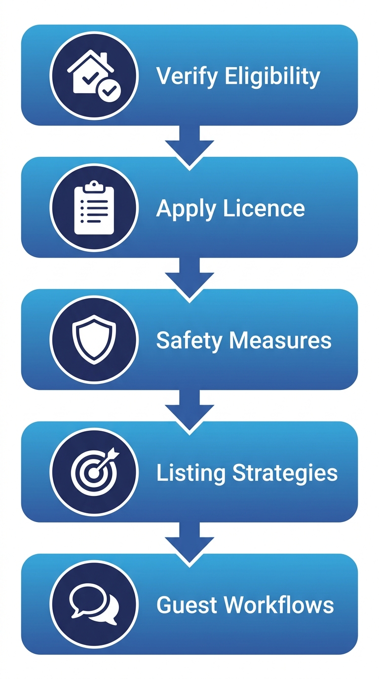 Vertical process flow illustrating five steps to launch compliant short-term rental in North Vancouver: verify eligibility, apply licence, safety measures, listing strategies, guest workflows.