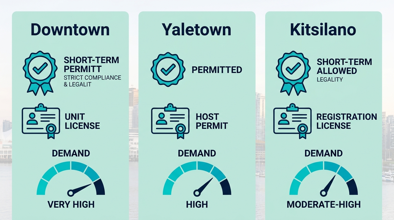 Infographic comparing short-term rental legality, licensing, and market demand in Vancouver neighborhoods: Downtown, Yaletown, Kitsilano