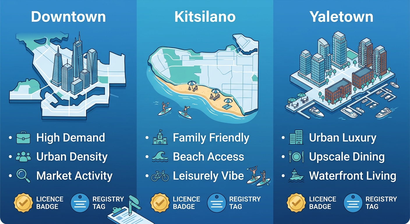 Infographic of Vancouver short-term rental neighbourhoods: Downtown skyscrapers, Kitsilano beach, Yaletown condos with appeal icons and regulatory symbols on blue gradient.