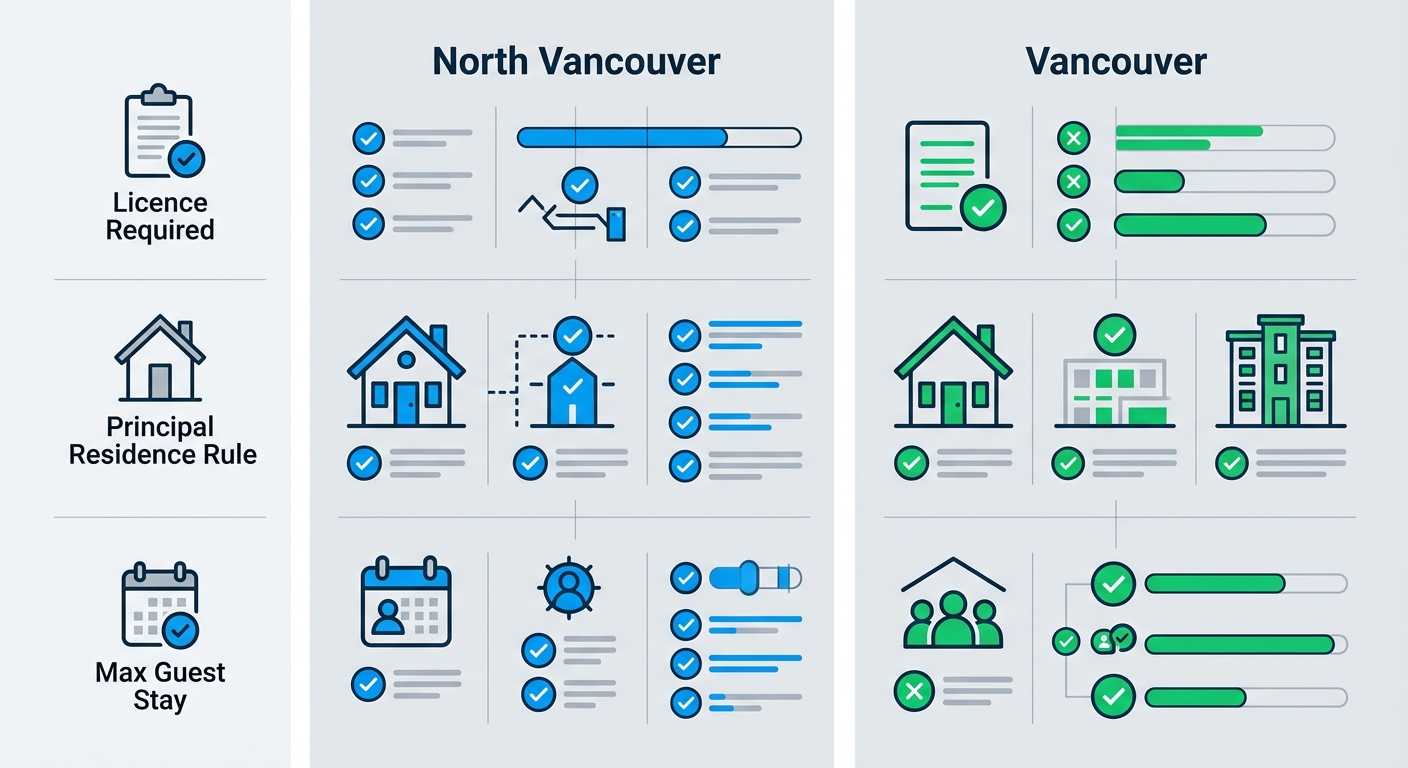 Infographic comparing short-term rental regulations between North Vancouver and Vancouver: license requirements, principal residence rules, and guest stay limits with icons and indicators