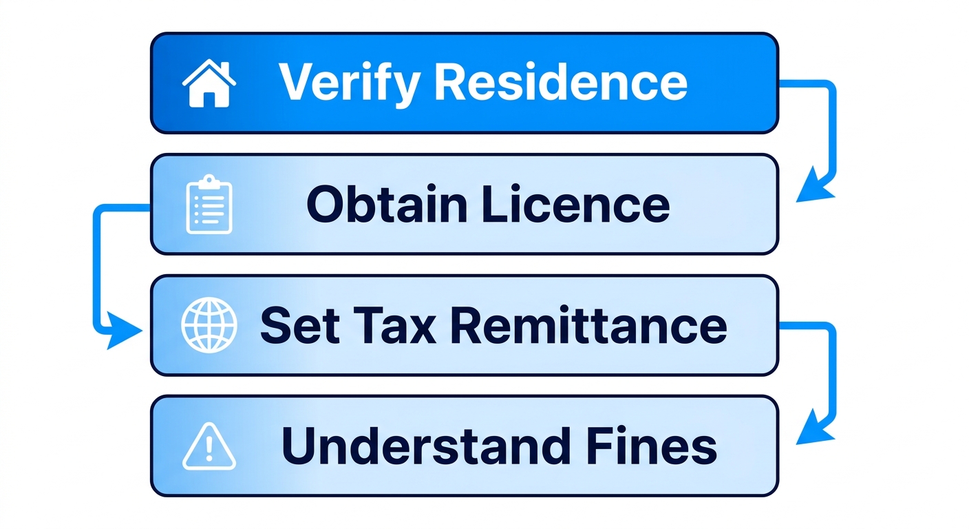 Vertical process flow diagram for Vancouver short-term rental compliance steps with icons