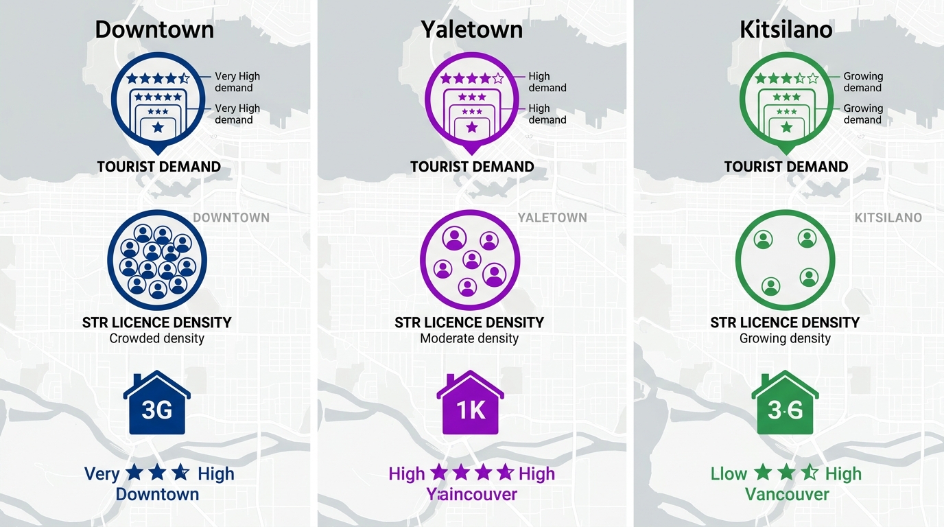 Infographic comparing Downtown, Yaletown, and Kitsilano Vancouver neighbourhoods for short-term rentals using icons for demand and licence density.