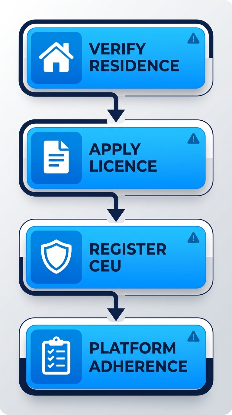 Vertical process flow diagram illustrating four key steps for Vancouver short-term rental compliance: verify principal residence, apply for business licence, register with provincial CEU, and platform listing adherence.