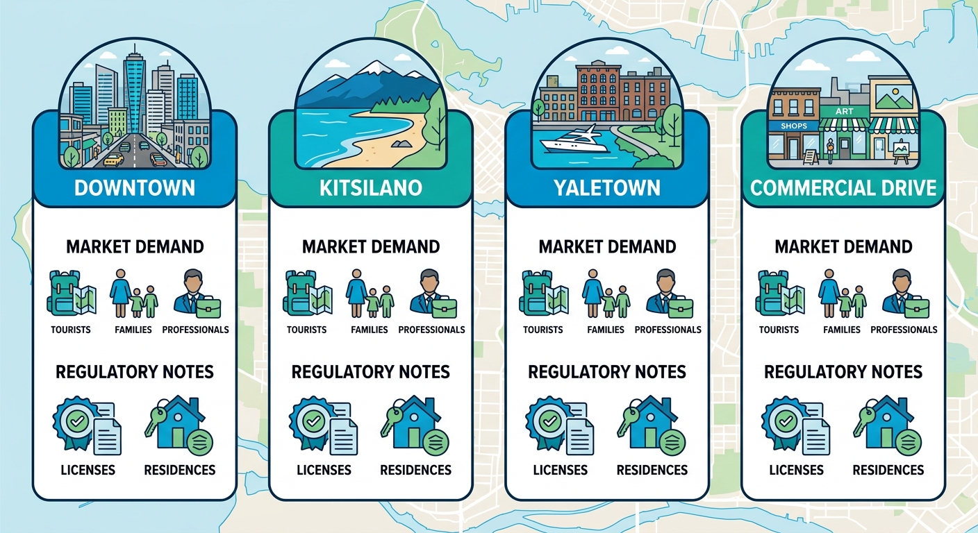 Infographic illustrating four key Vancouver neighborhoods for short-term rentals with demand and regulatory icons.