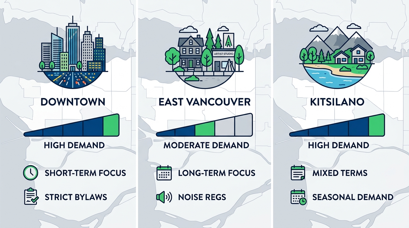 Infographic comparing residential rental dynamics across Vancouver neighborhoods Downtown East Vancouver and Kitsilano with icons demand indicators and challenge labels