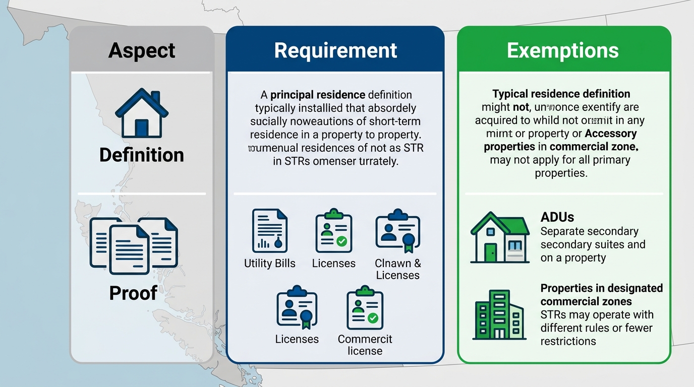 Infographic illustrating BC short-term rental principal residence requirements and exemptions in three columns