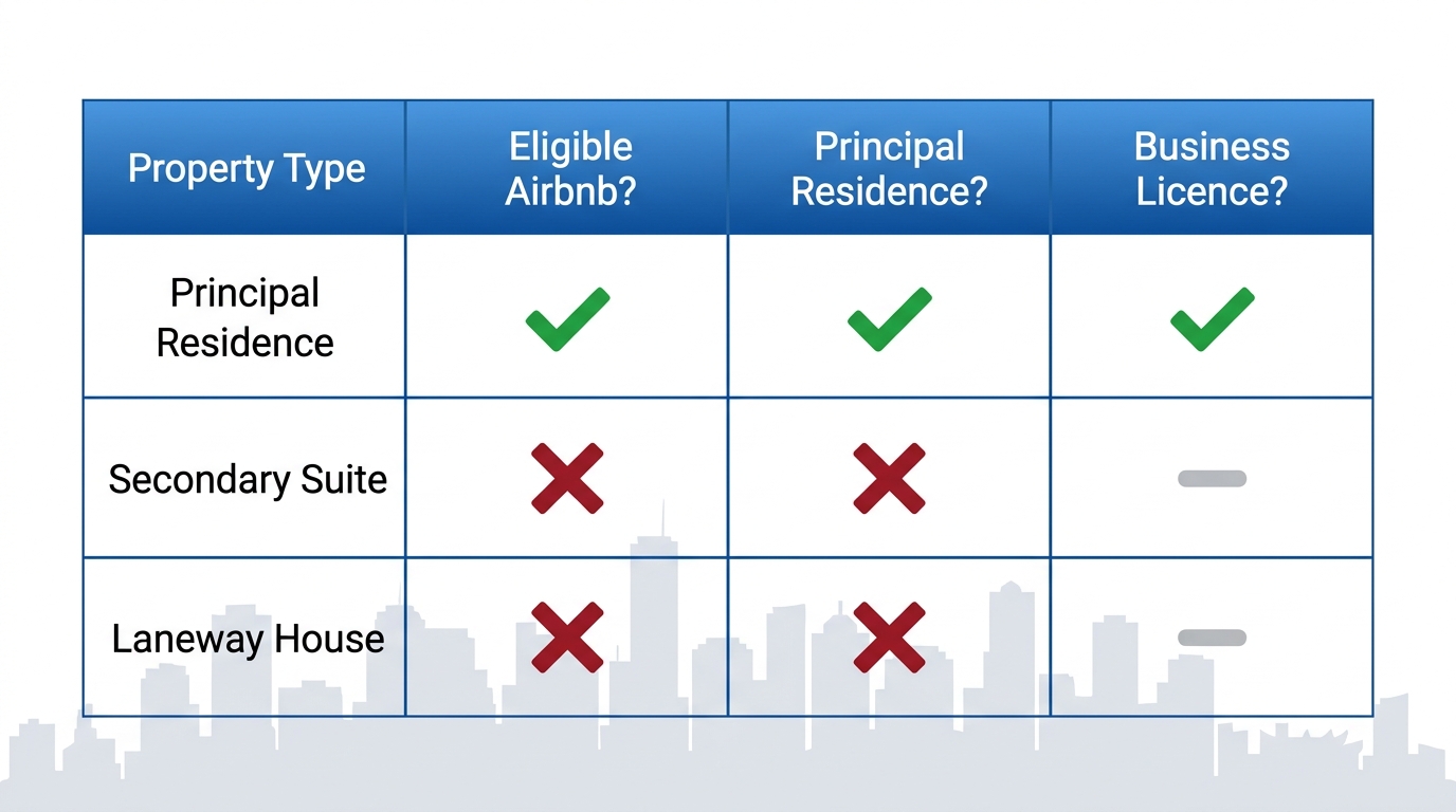 Infographic comparing short-term rental eligibility for different Vancouver property types including principal residences, secondary suites, and laneway houses