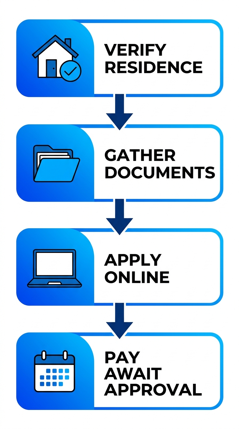 Vertical process flow diagram illustrating four steps to obtain Vancouver STR business licence: verify residence, gather documents, apply online, pay fee and await approval with relevant icons.