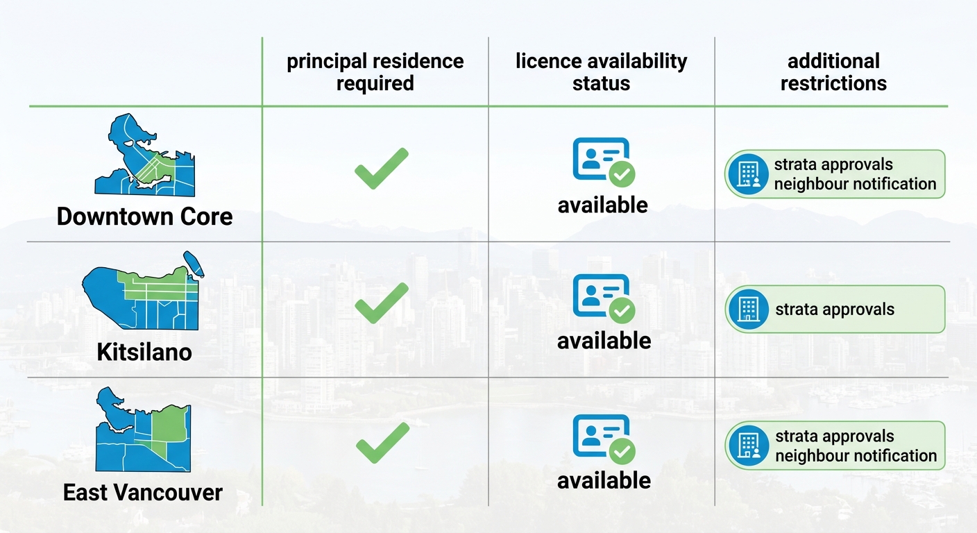 Infographic comparing short-term rental rules in Vancouver neighbourhoods: Downtown Core, Kitsilano, East Vancouver, showing principal residence requirements, licence availability, and restrictions.