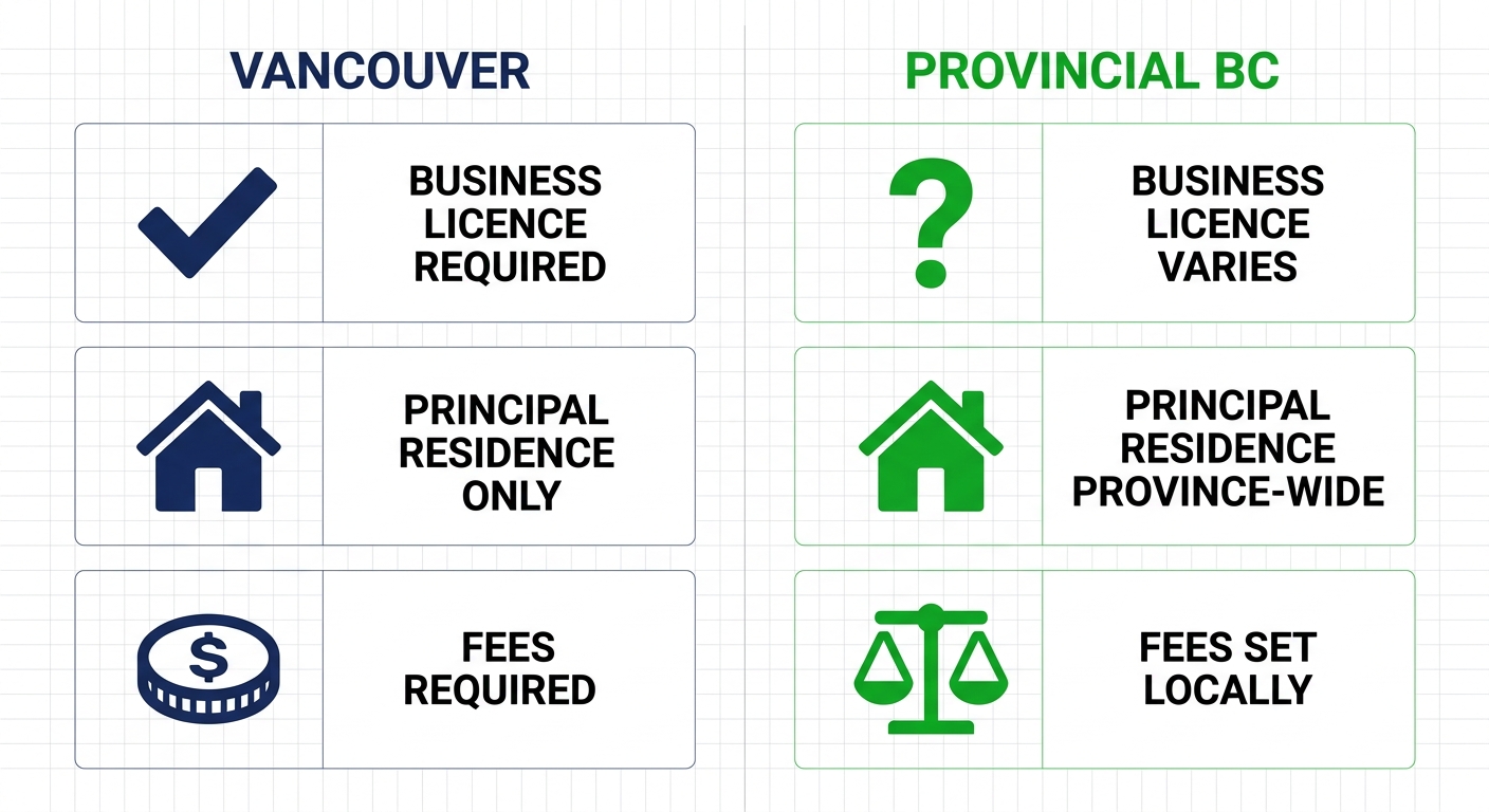 Infographic comparing short-term rental regulations: Vancouver requires business licence and principal residence only versus Provincial BC variations, illustrated with icons.
