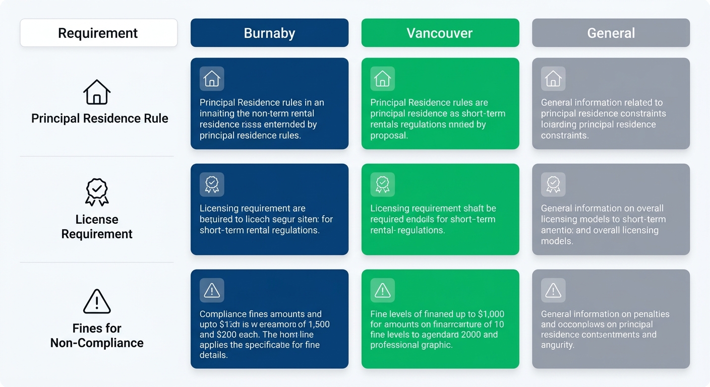 Infographic comparing short-term rental regulations: principal residence, licensing, fines across Burnaby (blue), Vancouver (green), Lower Mainland (gray) with icons.