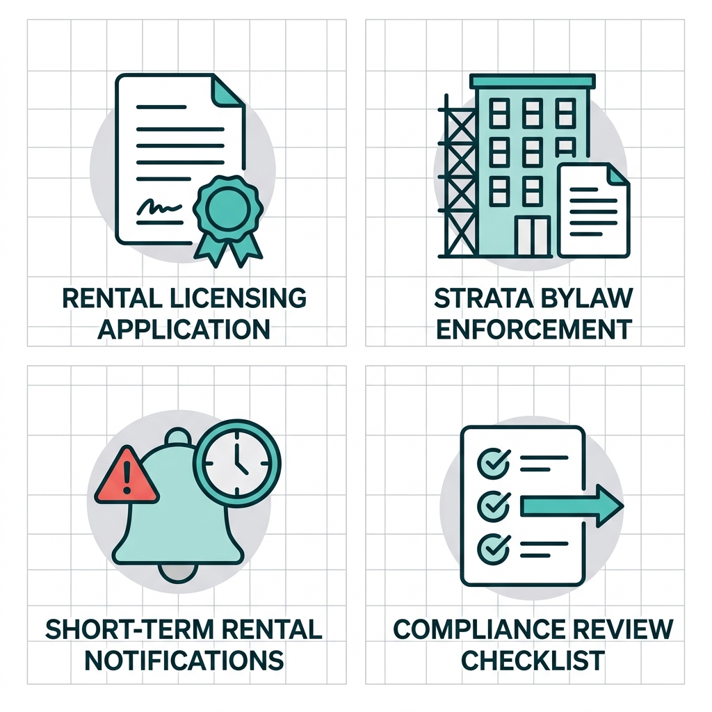 2x2 grid of outline icons for Burnaby property considerations: rental licensing document, strata bylaws building, short-term notifications alert, compliance review checklist.