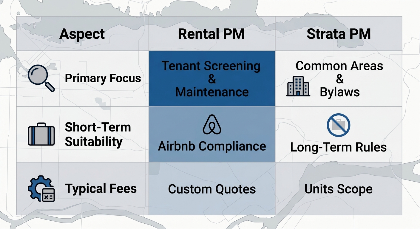 Infographic comparing rental property management and strata property management in Burnaby across focus areas, short-term rental suitability, and fees with icons.