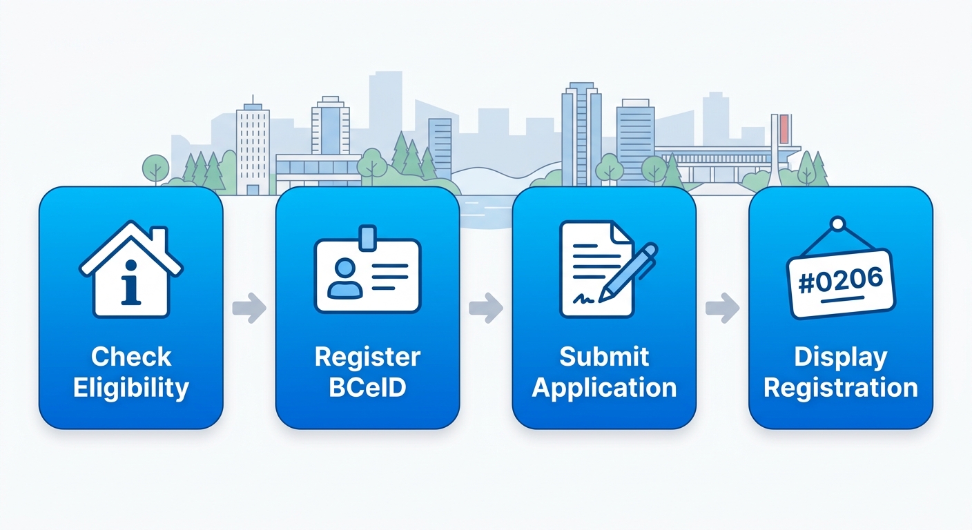 Horizontal process flow diagram for short-term rental host registration in Burnaby, British Columbia: check eligibility, register BCeID, submit application, display registration number.