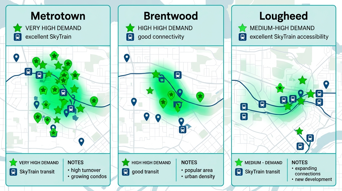 Infographic of Burnaby neighborhoods Metrotown, Brentwood, Lougheed suitability for short-term rentals with demand stars, transit icons, and brief notes