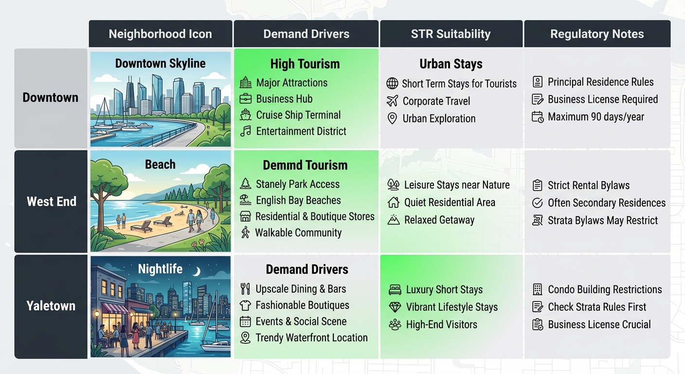 Infographic comparing Vancouver neighborhoods Downtown, West End, Yaletown for short-term rental demand, suitability, and regulations