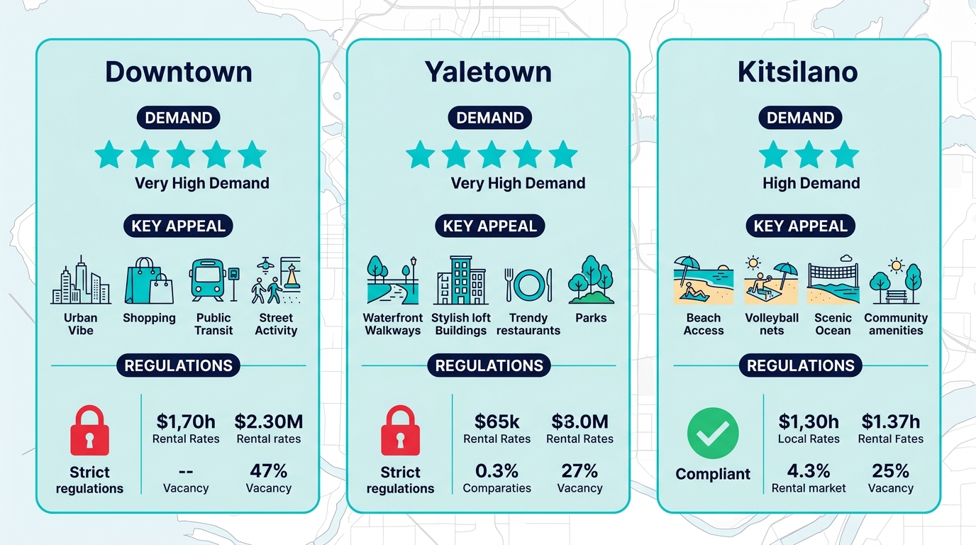 Infographic comparing demand levels, appeal highlights, and regulations for short-term rentals in Vancouver's Downtown, Yaletown, and Kitsilano neighborhoods
