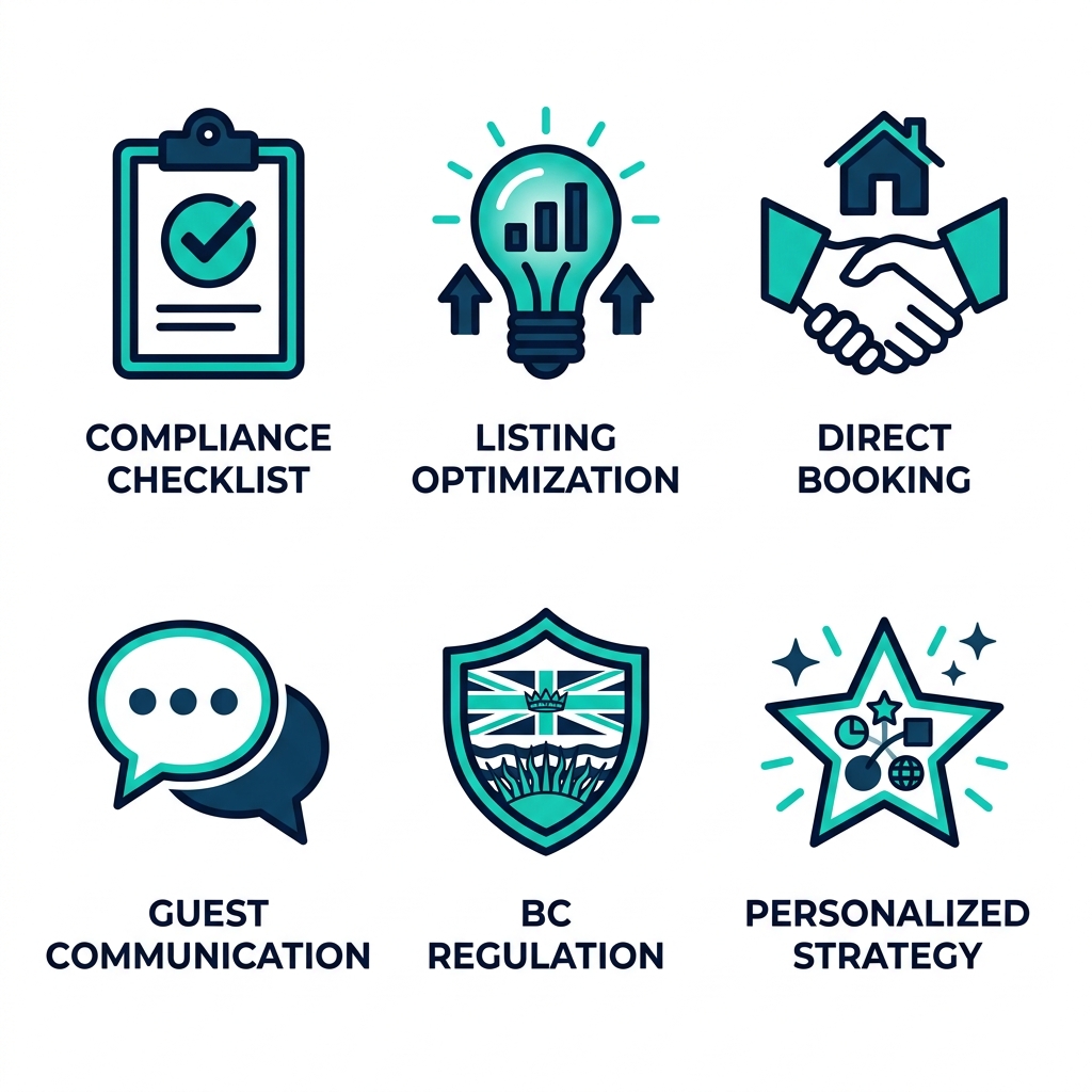 Square grid of six icons illustrating criteria for selecting short-term rental consulting in Vancouver: compliance checklist, listing lightbulb, booking handshake, guest chat, regulation shield, strategy star.