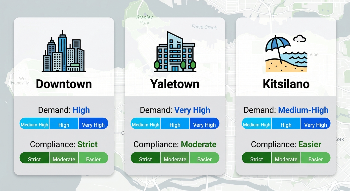 Infographic comparing demand and compliance levels across Vancouver short-term rental neighborhoods: Downtown, Yaletown, Kitsilano