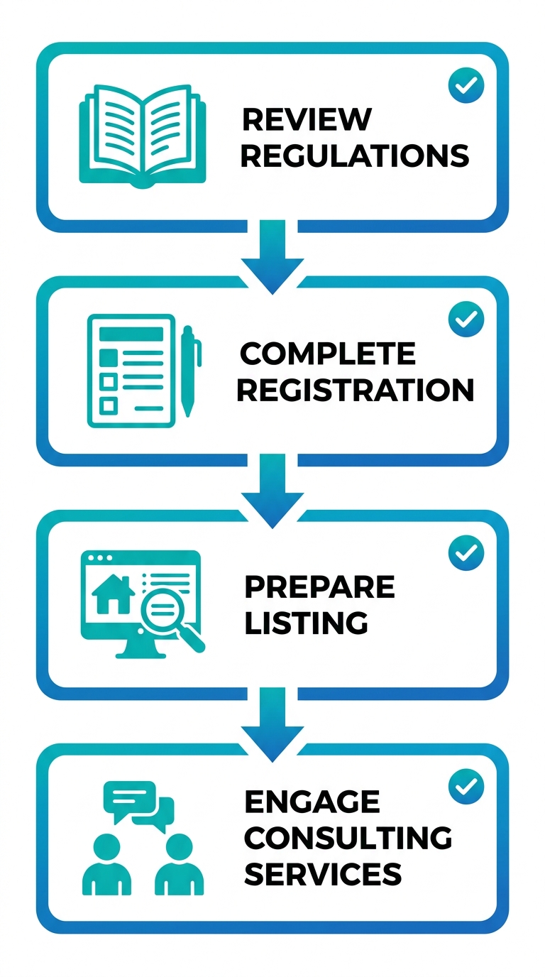 Vertical process flow diagram outlining steps for Vancouver short-term rental consulting and BC host registration