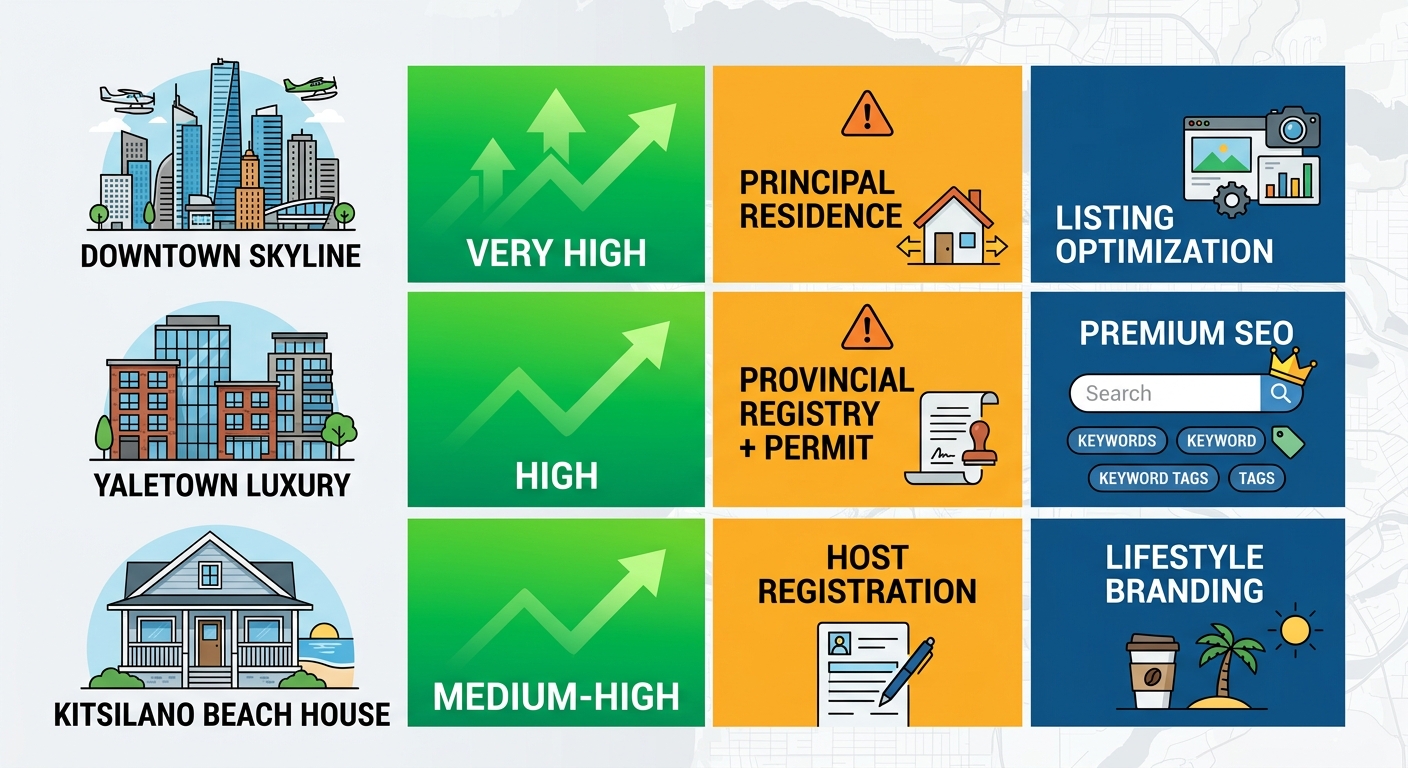 Infographic visualizing Vancouver short-term rental market comparison across three neighborhoods by demand, compliance, and owner strategies