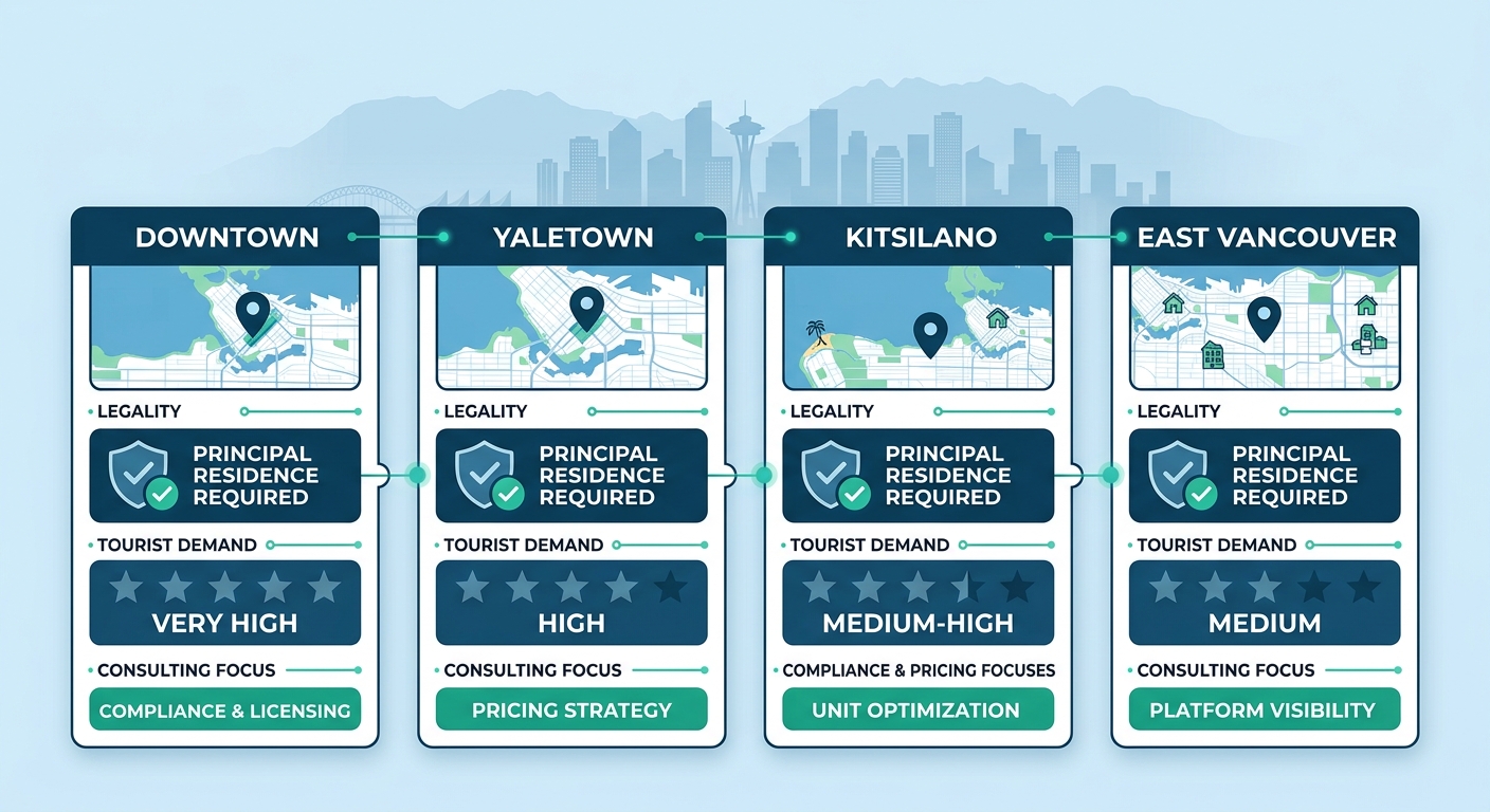 Infographic comparing Vancouver neighbourhoods for short-term rentals: legality, demand, consulting focus