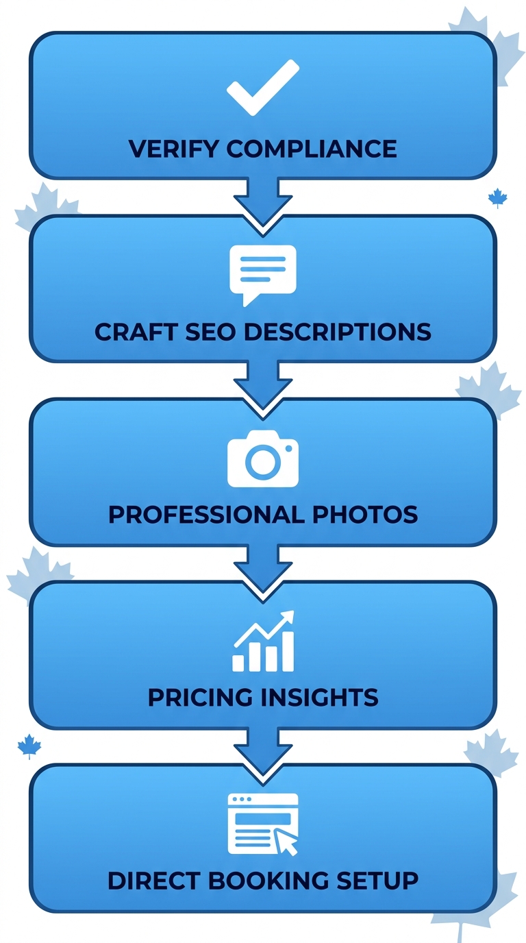 Vertical process flow diagram illustrating five key steps to optimize Vancouver short-term rentals: compliance verification, SEO descriptions, professional photos, pricing insights, and direct booking setup.