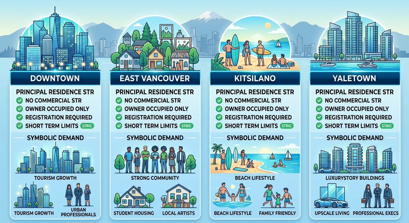 Infographic comparing four Vancouver neighborhoods for short-term rental potential: Downtown, East Vancouver, Kitsilano, Yaletown with restriction checkmarks and demand driver icons.