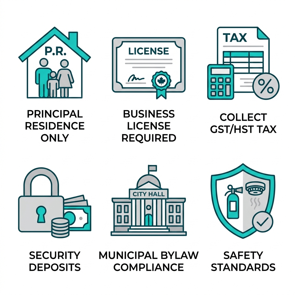 Square grid of six outline icons depicting key Surrey short-term rental regulations including principal residence, licensing, taxes, deposits, bylaws, and safety standards