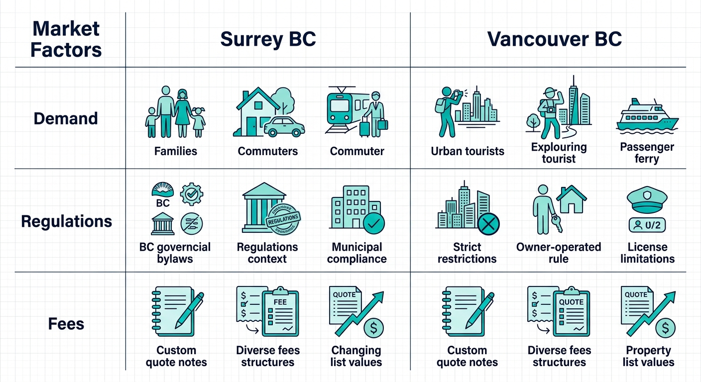 Infographic comparing Surrey and Vancouver short-term rental markets: demand, regulations, and management fees with icons