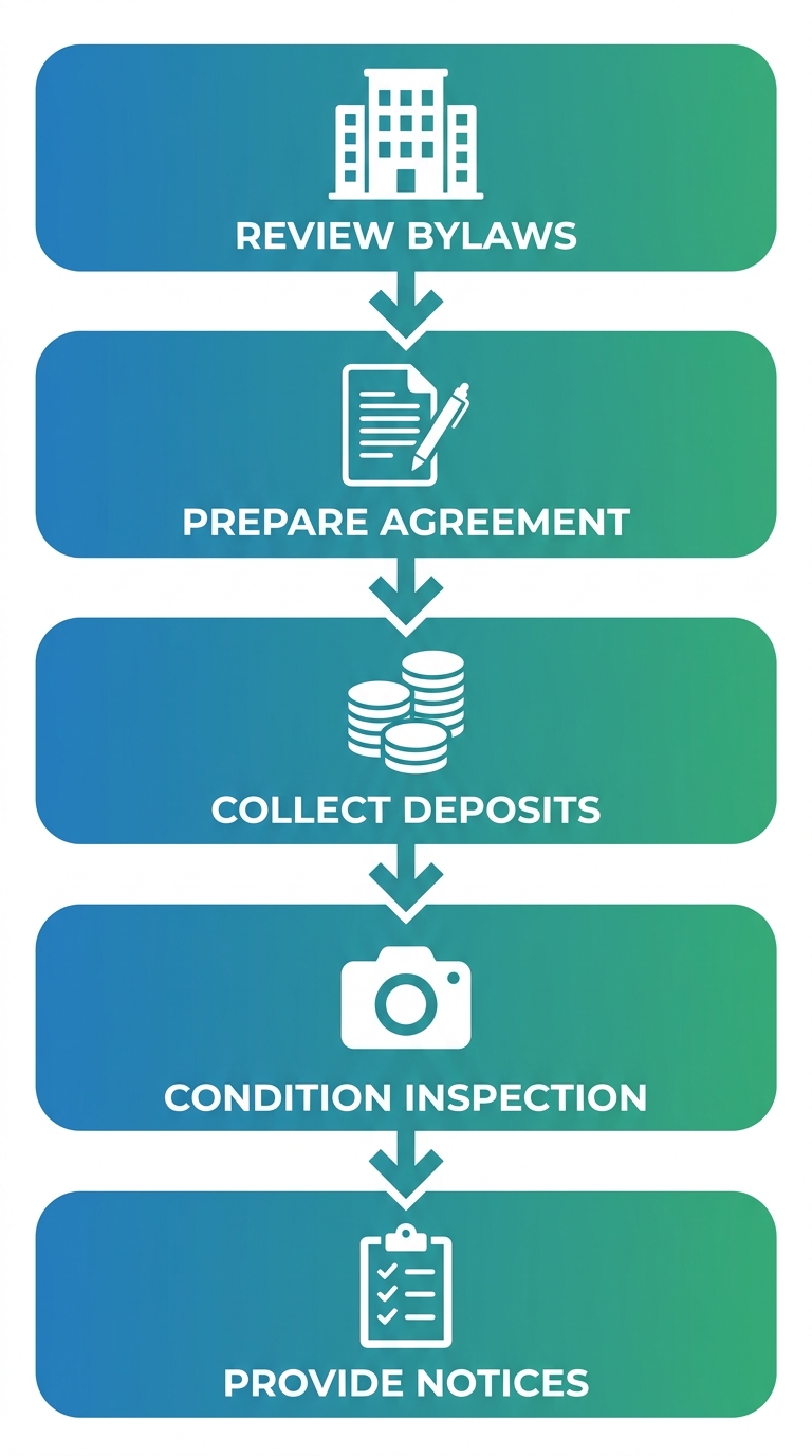 Vertical process flow diagram illustrating five key steps for starting a residential tenancy in Surrey, British Columbia: review bylaws, prepare agreement, collect deposits, conduct inspection, provide notices.