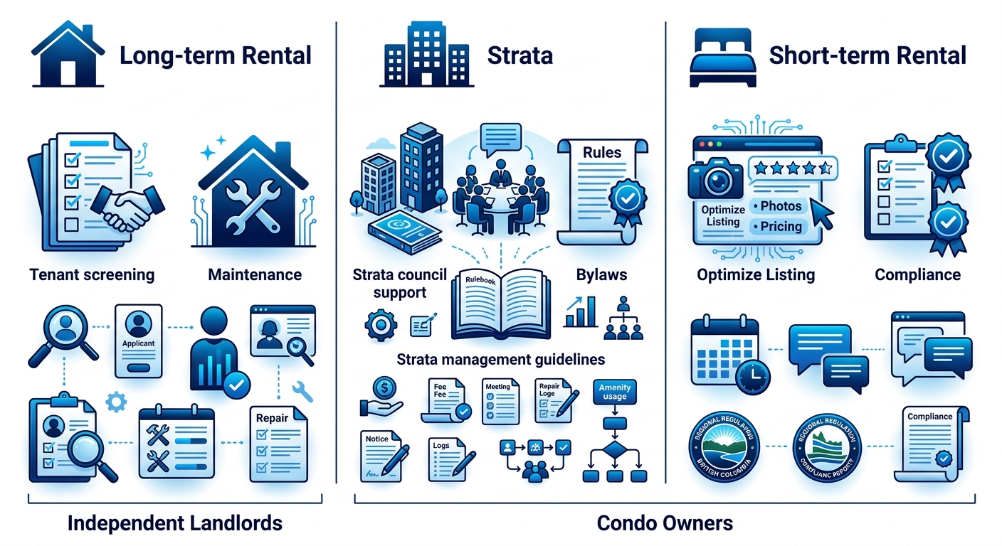 Infographic comparing Long-term Rental, Strata, and Short-term Rental property types in Surrey, British Columbia with icons and minimal owner labels