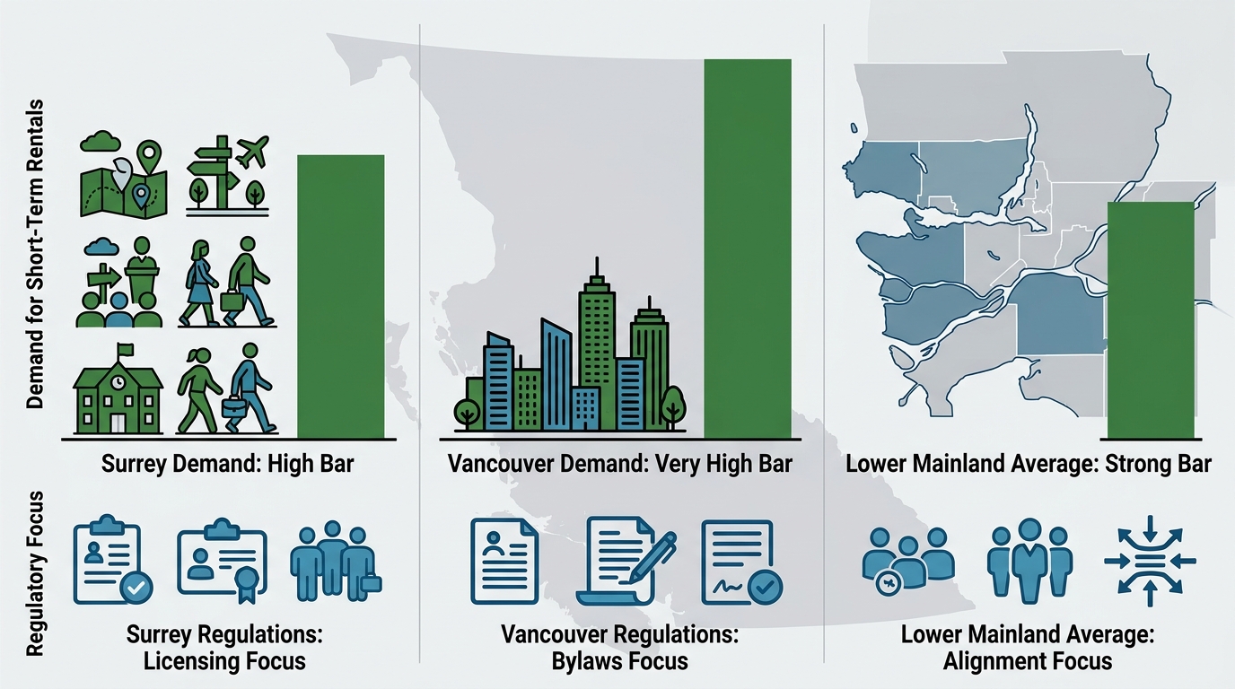 Infographic comparing short-term rental demand and regulations in Surrey, Vancouver, and Lower Mainland BC average