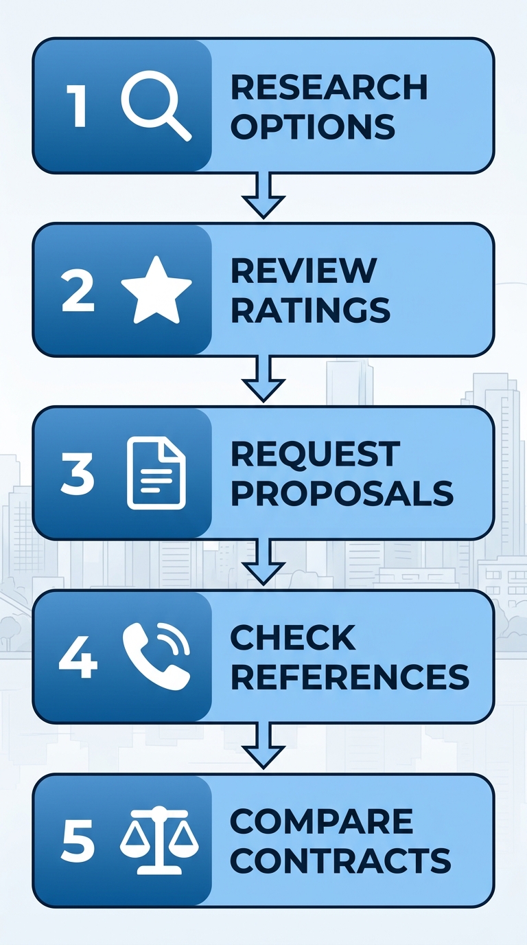 Vertical process flow diagram of five steps to choose rental property management in Surrey with icons and arrows.