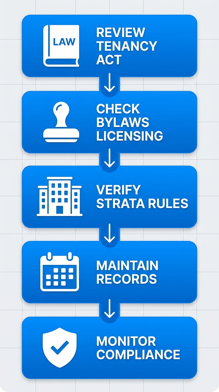 Vertical process flow diagram illustrating 5 key compliance steps for short-term rentals in Surrey, BC: reviewing tenancy act, checking bylaws, verifying strata rules, maintaining records, and monitoring compliance.