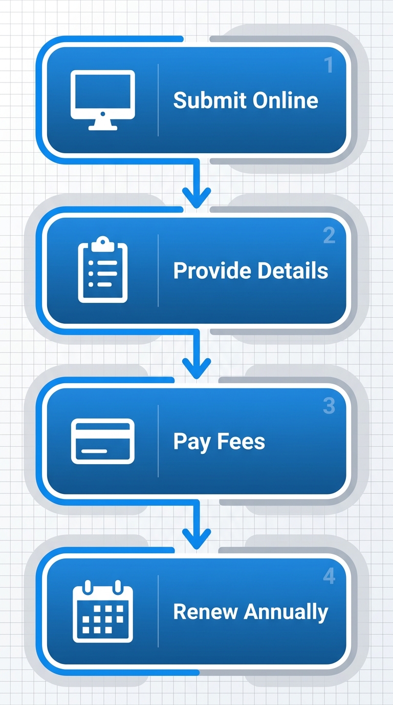 Vertical process flow diagram of Port Coquitlam business licensing application with four stages: submit online, provide details, pay fees, renew annually