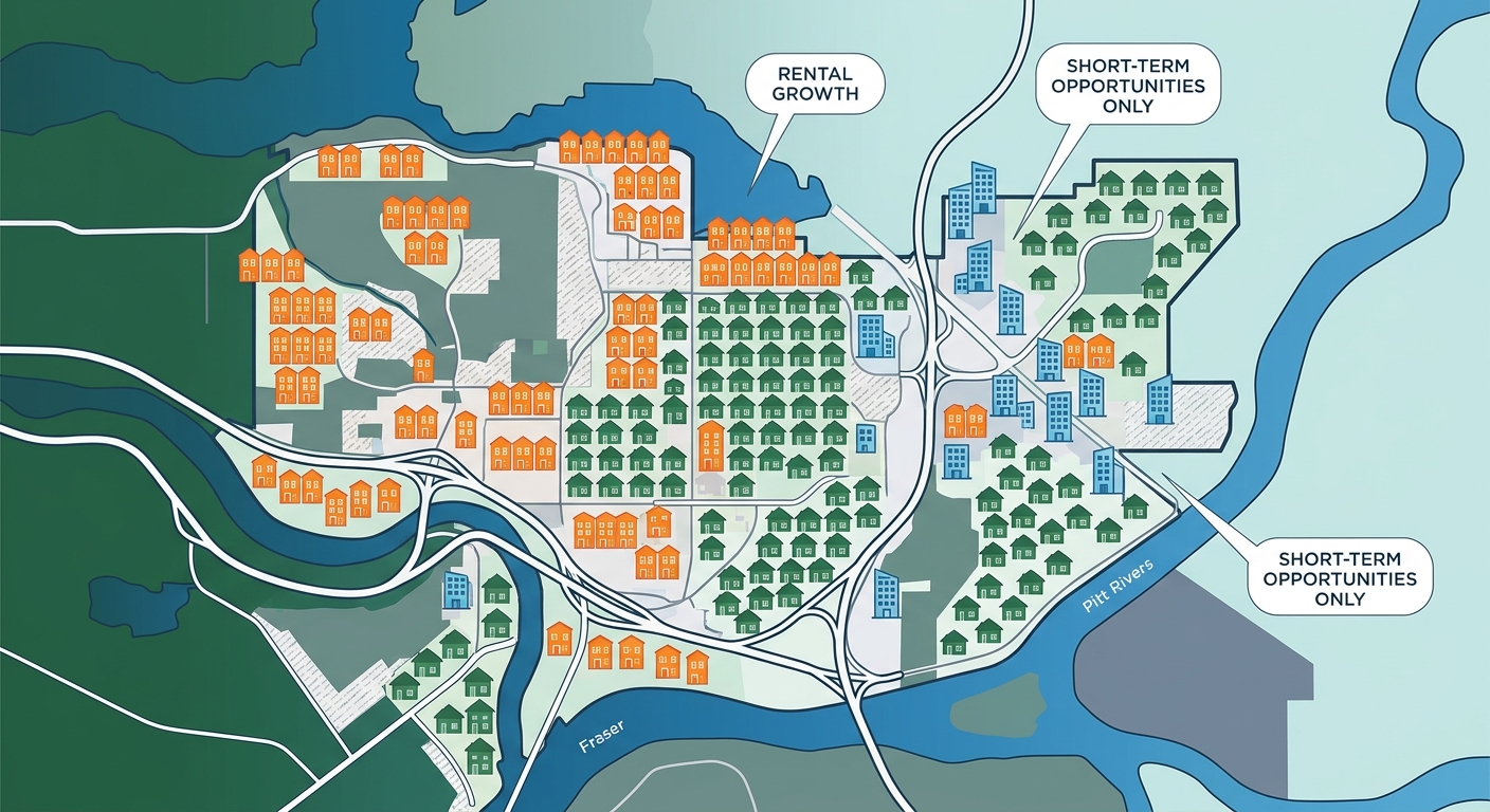 Infographic map of Port Coquitlam real estate landscape showing clustered icons for townhouse condos in orange, single-family homes in green, apartment condos in blue, with trend bubbles for rental growth and short-term opportunities.