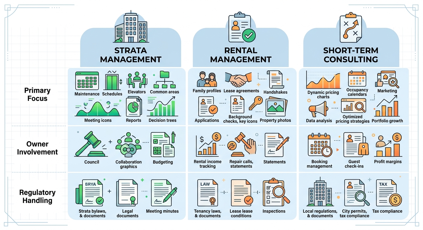 Infographic comparing Strata Management, Rental Management, and Short-Term Rental Consulting in Surrey BC across key aspects like focus, involvement, and regulations
